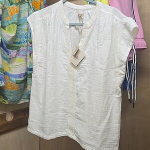 Faherty Dream Cotton Gauze Embroidered Lucia Top in White Size Large